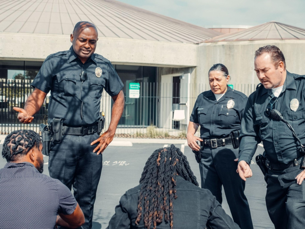 Off-duty police officers guarding celebrities against fans
