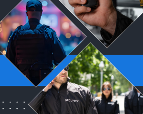 A collage of photos of a man in a security uniform.