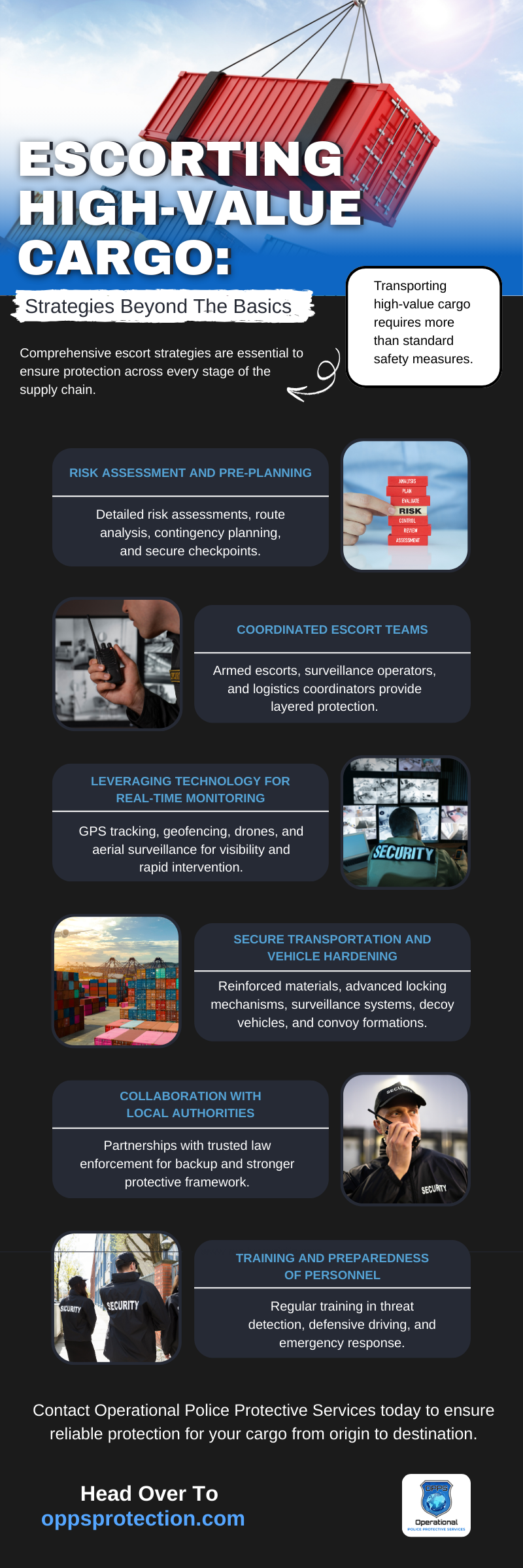 Infographic outlining strategies for escorting high-value cargo, including risk assessment, escort teams, real-time monitoring, secure transportation, collaboration with authorities, and personnel training. Designed to highlight layered protection for cargo security from Operational Police Protective Services.
