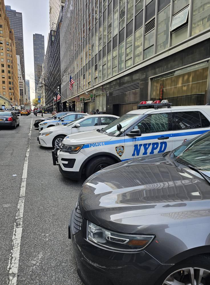 A row of police cars parked in front of a building.