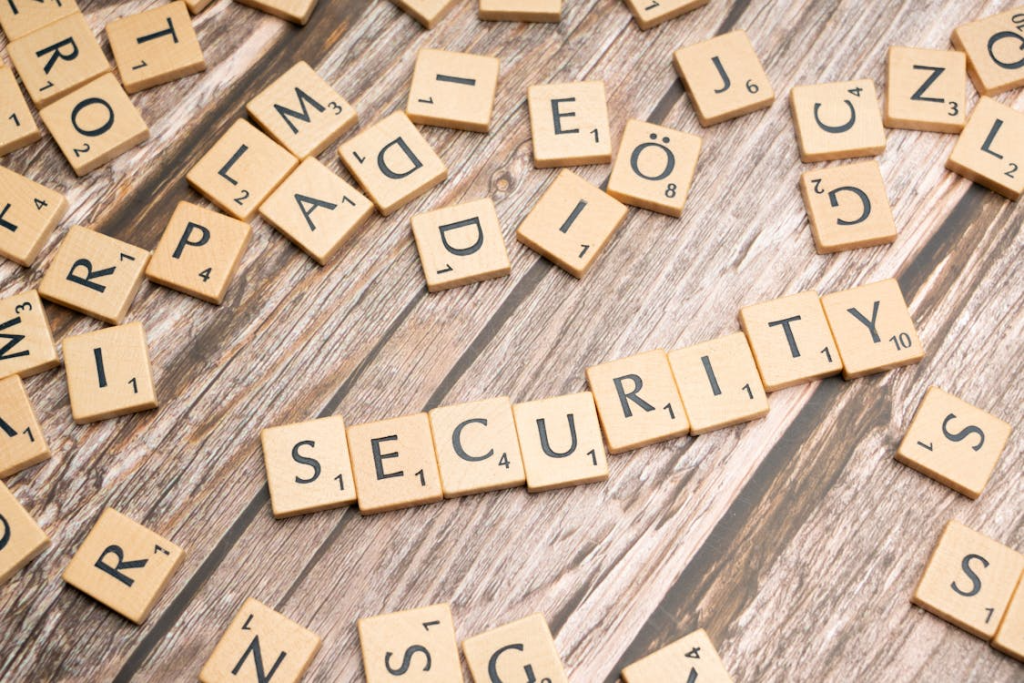 Word security is spelled out with scrabbled tiles.