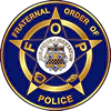 Fraternal Order of Police emblem with a gold five-pointed star and coat of arms on a round blue background.