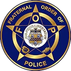 A blue and gold badge that says Fraternal order of police.