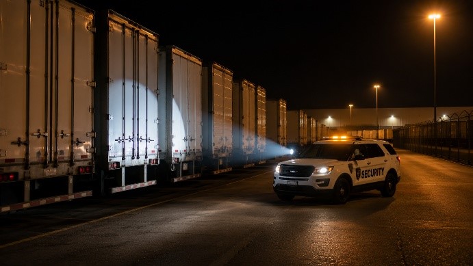 A police car driving down a highway next to a train.