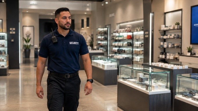 A security guard standing in a store with a phone.