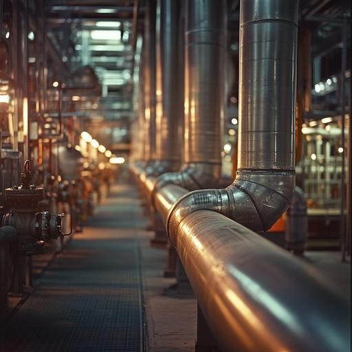 A row of pipes in a factory with lights on.