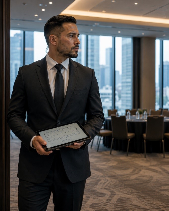 A man in a suit holding a tablet in a room.
