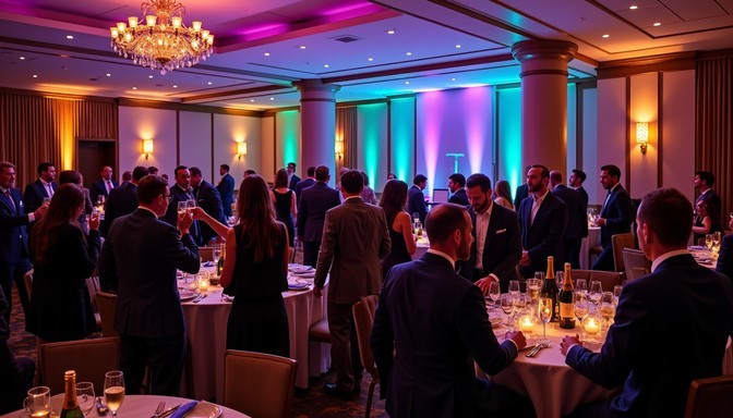A large group of people are gathered around tables.