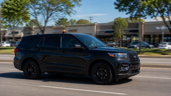 A black SUV driving down a street next to a building.