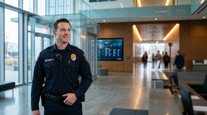 A security officer standing in a large room.