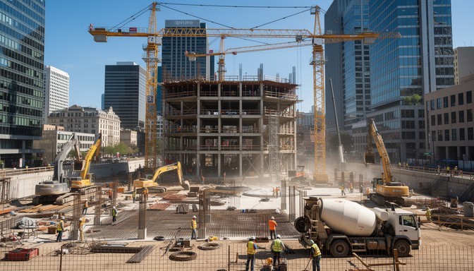 A construction site with construction workers and cranes.
