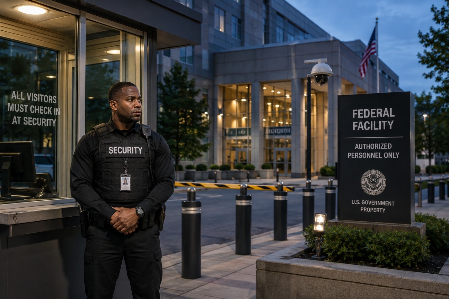 A security guard standing in front of a building.