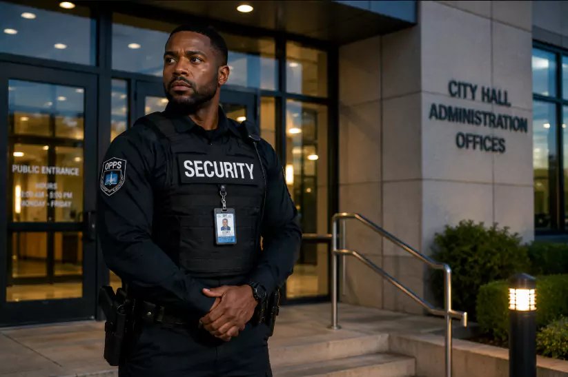 A security guard standing in front of a building.