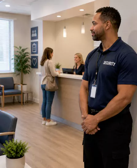 A security guard standing in a lobby with two women.