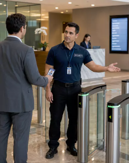 A man in a security uniform is standing in front of a barrier.