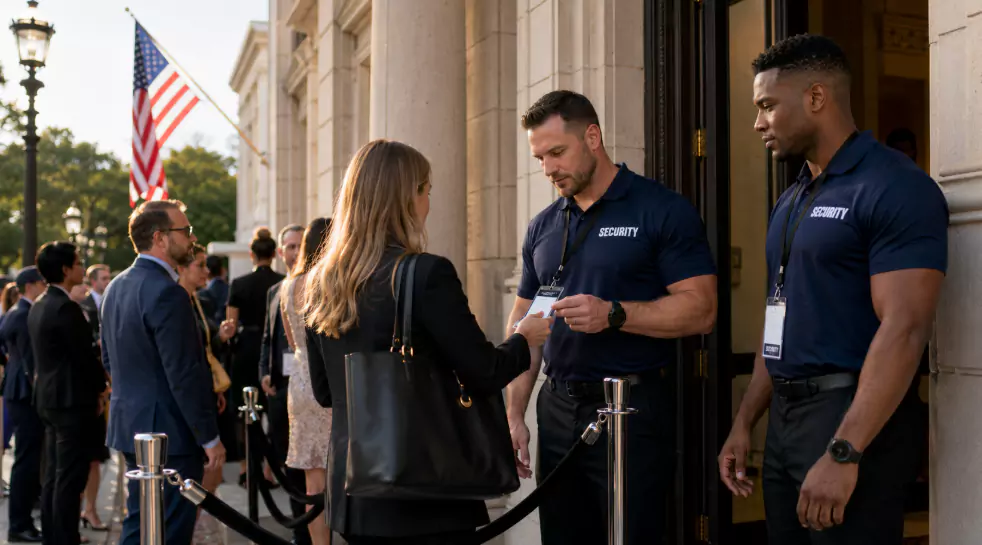 A security guard talking to a woman in a crowd.