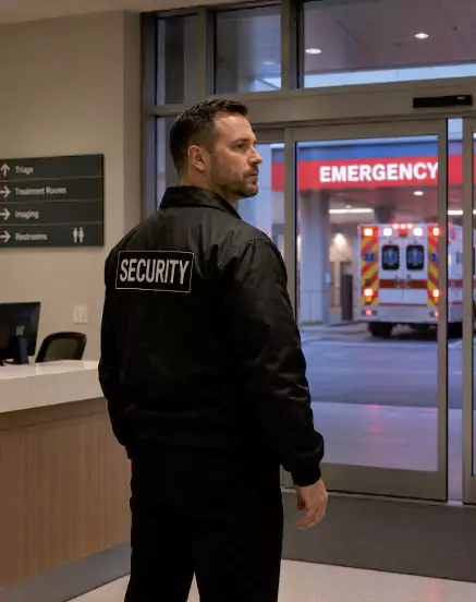 A security guard standing in front of an emergency exit door.