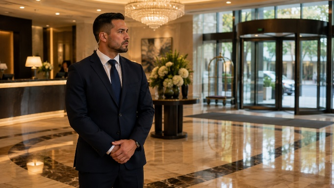 A man in a suit standing in a lobby.