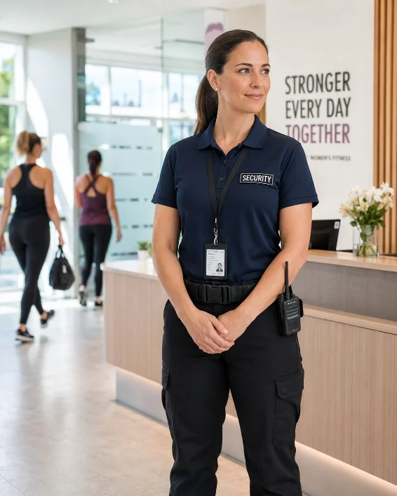 A woman in a security uniform walking down a hallway.
