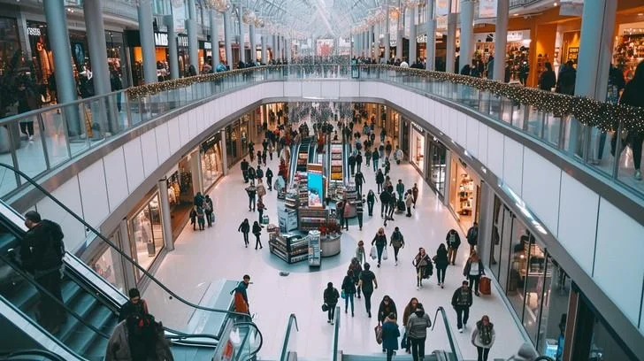 A large group of people walking around a shopping mall.