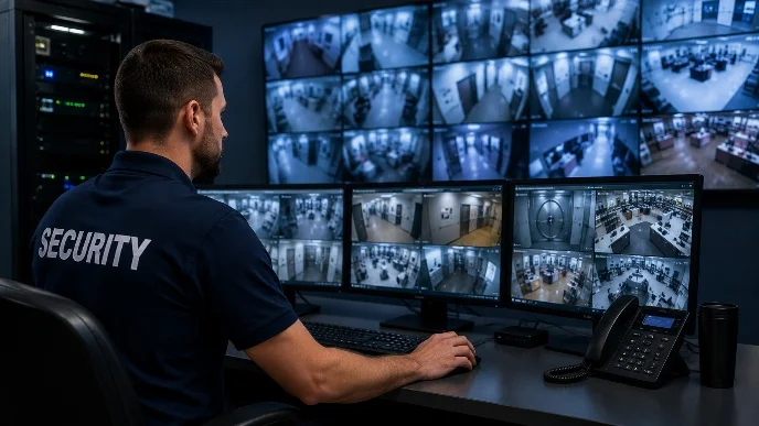 A security man sitting in front of a computer monitor.