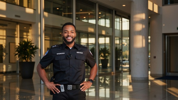 A man in a police uniform standing in front of a building.
