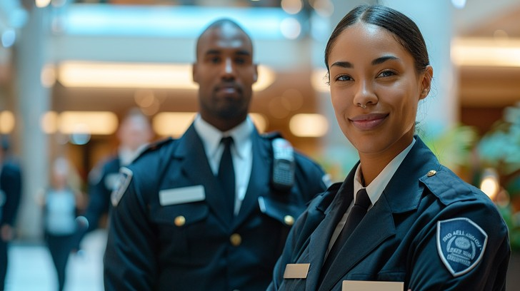 A woman in uniform standing next to a man in uniform.