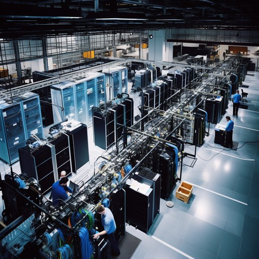 A large room with many machines and people working.