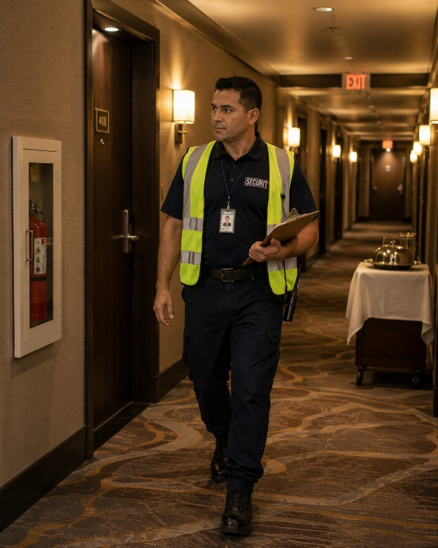 A man in a yellow vest walking down a hallway.