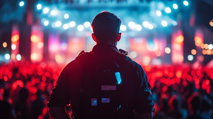 A man standing in front of a red light.