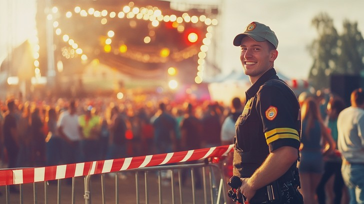 A man in uniform standing next to a crowd.