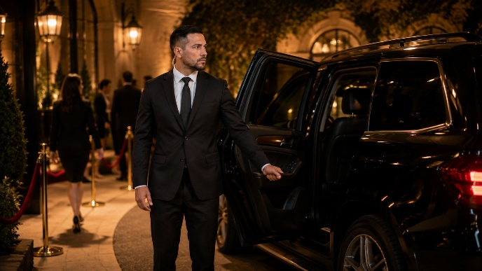 A man in a suit and tie walking next to a car.