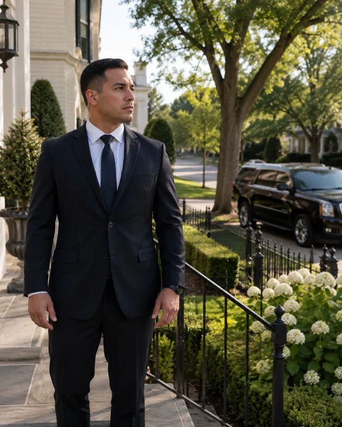 A man in a suit and tie walking down a sidewalk.
