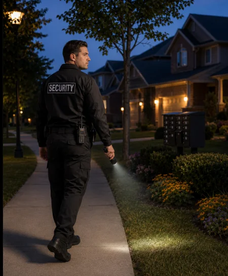 A security guard walking down a sidewalk in front of a house.