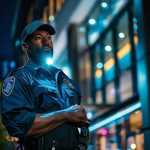 A man in a police uniform is holding a gun.