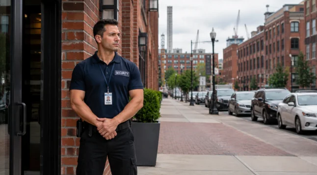 A security officer standing in front of a building.