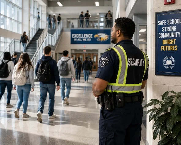 A security guard standing in a large lobby.