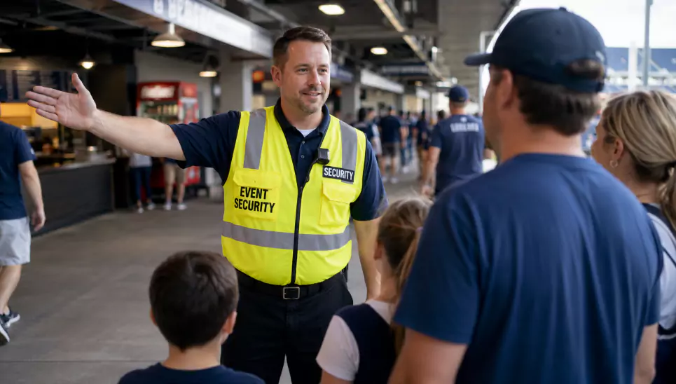 A security guard directing a crowd of people.