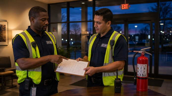 Two men in yellow safety vests are standing at a table.