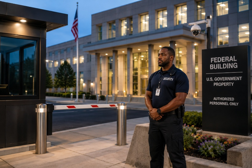 A security guard standing in front of a building.