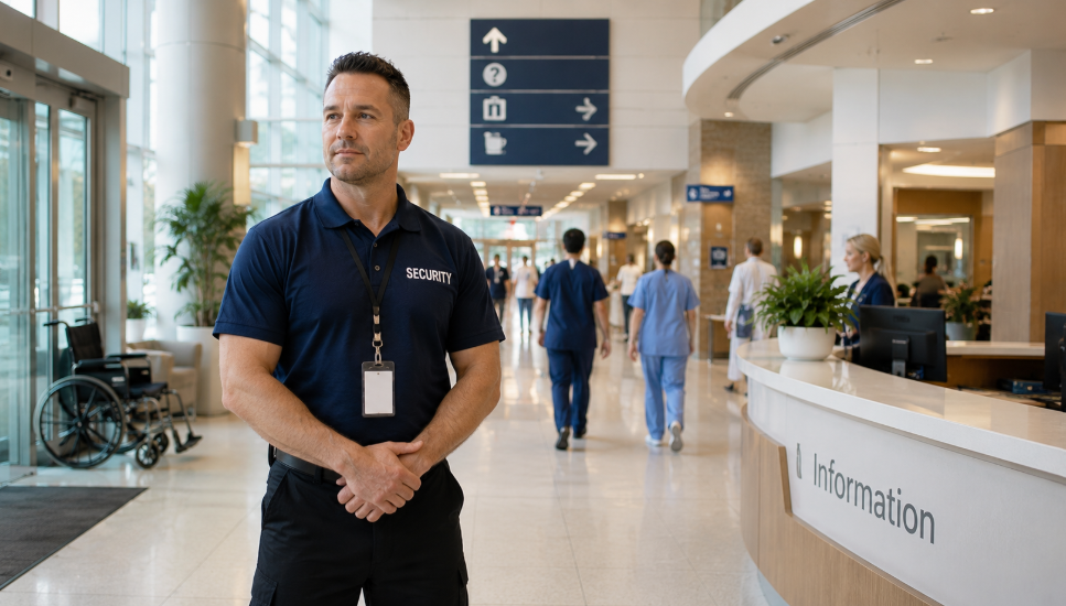 A man in a security uniform is standing in a lobby.