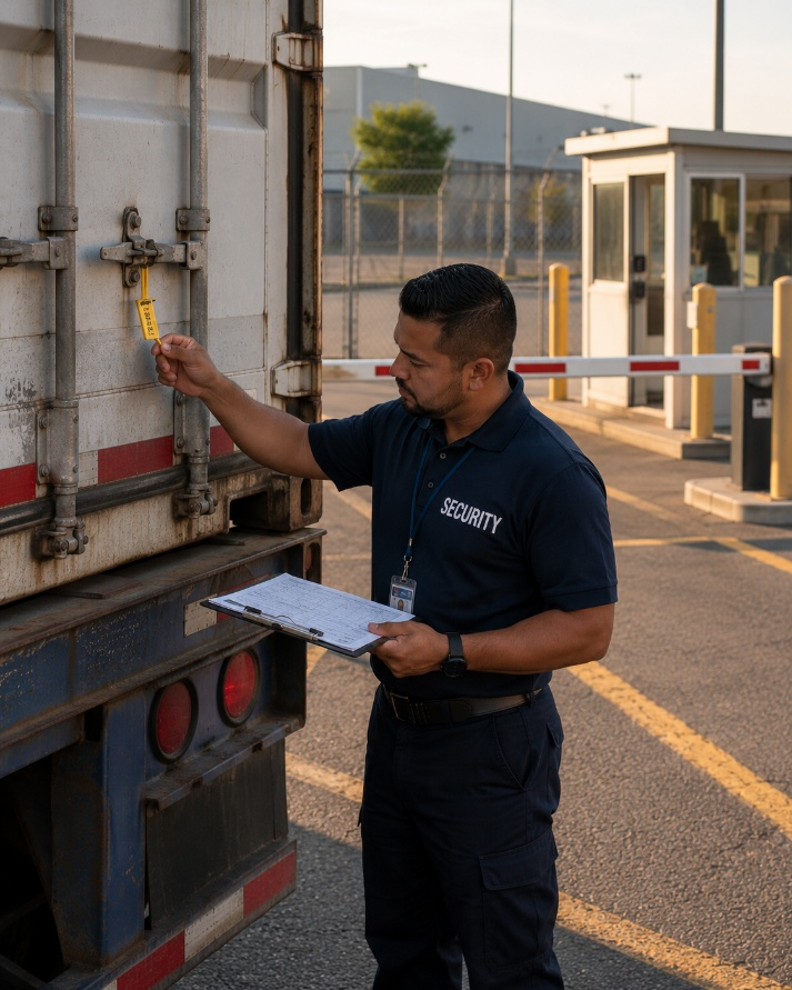 A security officer is pointing at a piece of paper.
