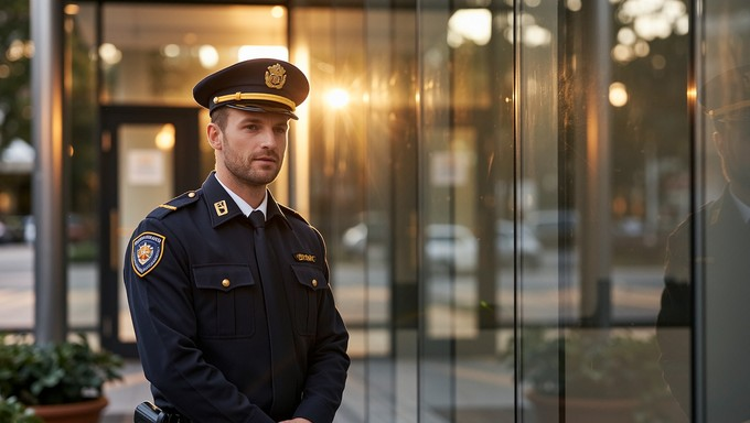 A man in uniform standing in front of a building.