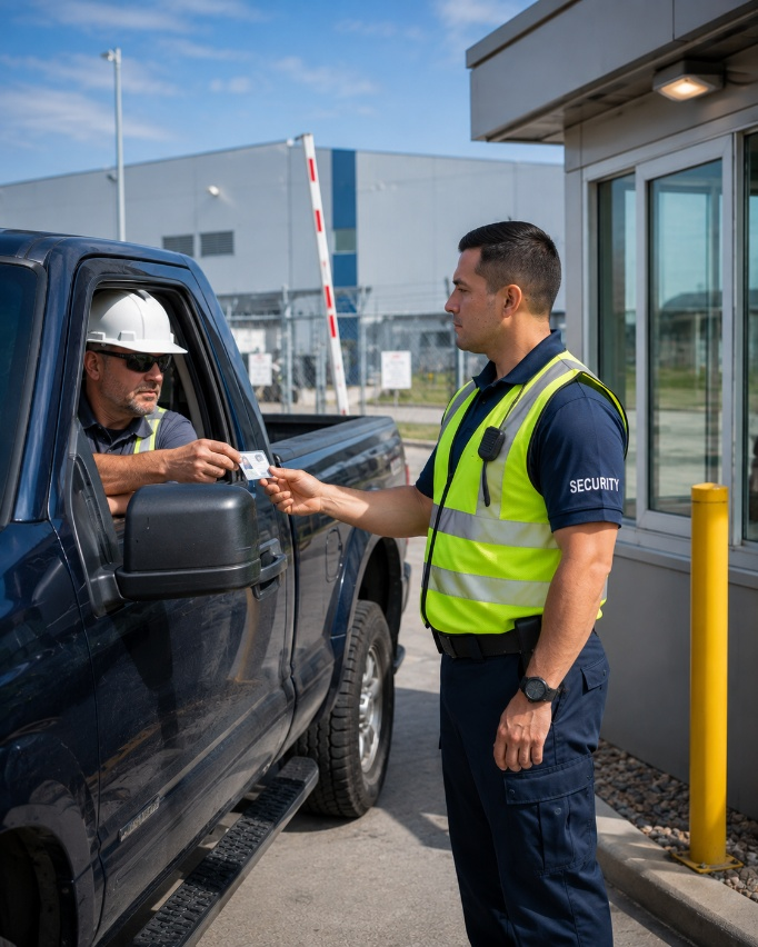 A man in a yellow safety vest standing next to a car.