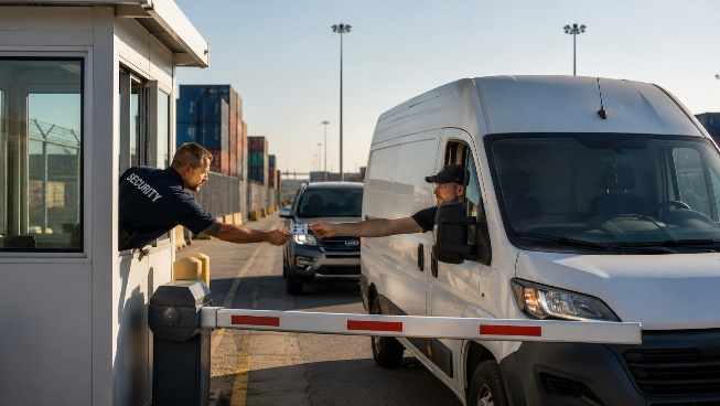 Two men in uniform are handing out money to a van.