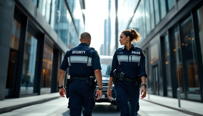 Two security officers walking down a street with a woman.
