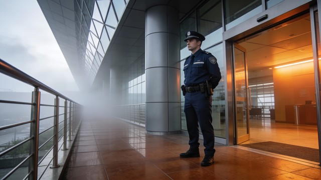 A police officer standing in a building with a security camera.