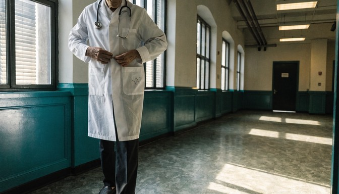 A man in a white lab coat standing in a hallway.