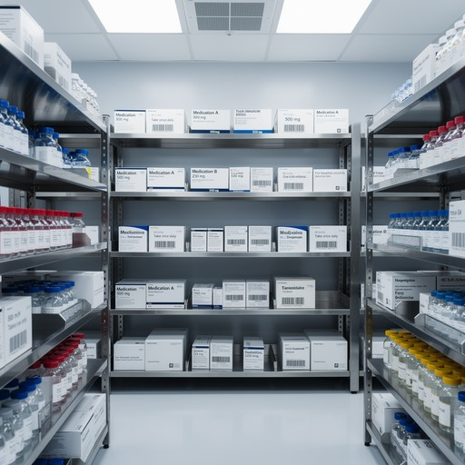 A room with shelves full of bottles and boxes.